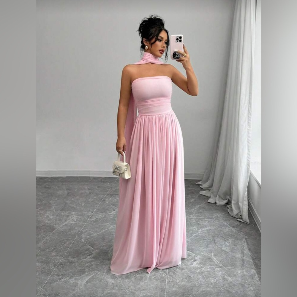 Strapless Pink Maxi Dress with Neck Scarf